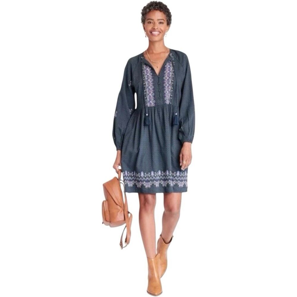 NWT Knox Rose Embroidered Boho Dress Sz Large Steel Blue Gray Balloon Sleeves